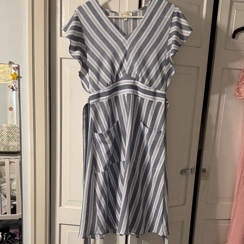 Blue and White Striped Midi Dress